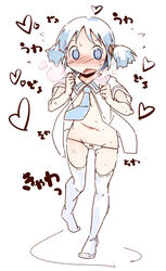 blue_eyes blue_hair blush flat_chest naganohara_mio nichijou panties sweat thighhighs tied_hair twintails undressing yofukashi