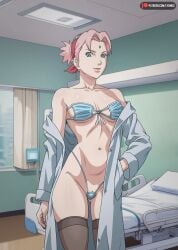 1girls almost_naked alternate_hairstyle bare_shoulders bed bikini_bottom bikini_top bikini_under_clothes breasts_out clothing collarbone curvaceous exposed_breasts female female_only green_eyes hairband hand_in_pocket highres hospital hospital_bed indoors konohagakure_symbol labcoat legwear lingerie lipstick looking_at_viewer lyumus makeup mask_bikini mostly_nude naruto naruto_(series) naruto_shippuden off_shoulder official_alternate_hairstyle open_clothes partially_clothed petite pink_hair pinup ponytail room sakura_haruno small_breasts solo solo_focus stockings uncensored undressing upper_body