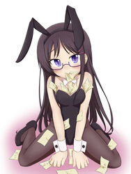 artist_request blush breasts brown_hair bunny_ears bunnysuit cleavage clothing detached_collar endou_rino female glasses jinsei lavender_eyes pantyhose wrist_cuffs