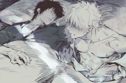 2boys after_sex chimmyming class_3-z eye_patch gay gintama gintoki_sakata hickey hickey_marks looking_back male male_only monochrome nervous nipples official_alternate_costume on_back on_bed open_shirt shaded_face sleeping sweat takasugi_shinsuke teacher_and_student yaoi