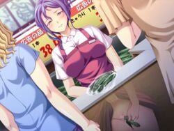 apron artist_request blue_hair blush censored clerk clothed_masturbation clothing cucumber hidden masturbation public pussy_juice secret shop skirt skirt_lift sneaky stealth_masturbation under_the_table vegetable_dildo