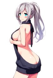 1girls ai_generated android ass blue_eyes breasts breasts exposed_back exposed_hips gray_hair hismajestyii jenn_schauber_(hismajestyii) jenn_schauber_(t-1p_body)_(hismajestyii) large_breasts light_skin mature mature_female novelai original original_character ponytail silver_hair slim slim_waist smile synthetic_body virgin_killer_outfit virgin_killer_sweater