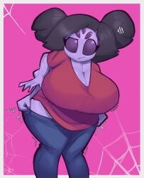 5_eyes annoyed annoyed_expression big_breasts clothed dreamerknights female huge_breasts monster_girl muffet putting_clothes_on spider_girl spider_web struggling_to_fit thick_thighs thighs undertale undertale_(series)