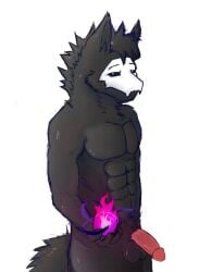 anthro archie_(artist) balls black_body black_fur canid canine canis changed_(video_game) fur genitals hi_res humanoid humanoid_genitalia latex latex_creature living_latex looking_at_viewer magic male male_focus male_only mammal muscular muscular_anthro muscular_male penis puro_(changed) simple_background solo white_mask wolf