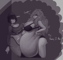 2girls ass bbw big_belly black_and_white chubby fat_female grayscale large_breasts spaghetticultists vore vore_belly