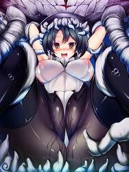 black_hair blush brainwashing breasts brown_eyes empty_eyes erect_nipples female heart heart-shaped_pupils highres kantai_collection leotard long_hair open_mouth pantyhose pussy_juice restrained see-through shinkaisei-kan sideboob solo symbol-shaped_pupils tentacle thighhighs tongue tongue_out torisan wo-class_aircraft_carrier wo-class_aircraft_carrier_(cosplay) zuikaku_(kantai_collection)