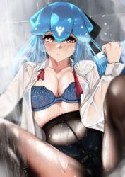 bangs bao_(vtuber) black_legwear blue_bra blue_hair blue_panties blurry blurry_background blurry_foreground blush bow bra breasts brown_eyes cleavage collarbone collared_shirt crotch_seam depth_of_field eyebrows_visible_through_hair female hair_between_eyes hairbow large_breasts long_hair long_sleeves looking_at_viewer multicolored_hair open_clothes open_shirt panties pantyhose parted_lips pupi rain see-through shirt sitting solo spread_legs underwear virtual_youtuber water_drop wet wet_clothes wet_hair wet_shirt white_shirt