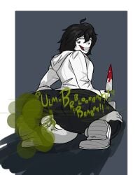 1boy ass big_ass big_butt black_eyes black_hair blood blood_on_knife butt creepypasta facesitting fart fart_cloud fart_fetish farting farting_in_face farting_on_face fat_ass fat_butt fully_clothed huge_ass huge_butt jeff_the_killer knife looking_back male male_only odukafornoreason text thick_ass thick_butt