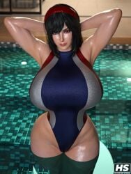 1girls 3d anko_hagiwara armpits arms_behind_head big_breasts black_hair breasts hagiwara_studio headband hi_res highres long_hair milf original_character red_eyes shiny_skin solo solo_female swimsuit tagme wet wet_body