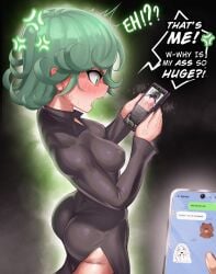 1girls angry ass blush breasts caught caught_in_the_act chat chat_box english_text genos green_eyes green_hair holding_phone huge_ass looking_at_porn message one-punch_man pawg petite phone phone_screen photo short_hair small_breasts social_media tatsumaki text_message wavy_mouth windmill_(artist)