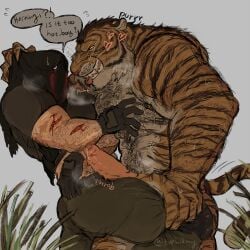 animal_genitalia animal_penis animal_tail anthro_on_human big_cock big_penis call_of_duty furry gay horangi horangi_x_konig in_heat konig konig_(call_of_duty) male muscular muscular_male penis pussy scar size_difference tiger topkilling