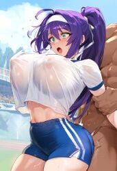 ai_generated arms_held_back arms_up bent_over blue_hair bouncing_breasts breasts_visible_through_clothing clothed_sex dark-skinned_male doggy_style fire_emblem from_behind gym_uniform interracial large_breasts long_hair mia_(fire_emblem) nipples nipples_visible_through_clothing no_bra ponytail running see-through sex standing_doggy_style standing_sex surprised tank_top tharkica track_and_field track_uniform