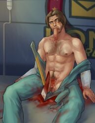 axe bdsm blood brown_hair castrated castration cbt censored chest_hair dead dead_body death genital_torture gore guro hairy jimmy_(mouthwashing) lemoni3 male male_death male_only male_ryona mouthwashing mouthwashing_(game) muscles penectomy penis penis_in_mouth pubes revenge reverse_ryona severed_penis snuff