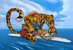 2017 anthro blue_eyes clothed clothing feline frottage humanoid_penis jaguar keovi licking lying male mammal mustelid on_front one_eye_closed otter outside penis precum rudder sea sex size_difference surfboard surfing swimming_trunks swimsuit tongue tongue_out topless water yaoi