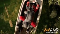 3d bad_wulfie bird's-eye_view black_body black_fur blender_(artwork) canid canine canis cycles digital_media_(artwork) duo fur high-angle_view mammal multicolored_body multicolored_fur oar realistic red_wulfie rock vehicle water watercraft wolf