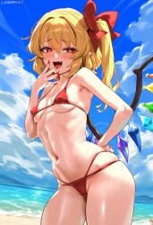 1girls ai_generated beach bikini blonde_hair flandre_scarlet light-skinned_female nipple_bulge red_eyes smug sweat tharkica touhou wings