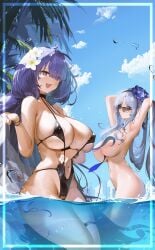 2girls alsace_(azur_lane) alsace_(heat-beating_summer_sacrament)_(azur_lane) azur_lane belly_button blue_eyes blue_hair blush breasts casual_nudity duo female female_only flowers_in_hair huge_breasts iris_libre_(azur_lane) light-skinned_female light_skin looking_over_eyewear looking_over_sunglasses mogador_(azur_lane) mogador_(locker_room_lechery)_(azur_lane) nike_(nike1060) open_mouth outdoors purple_eyes purple_hair skinny_dipping sunglasses swimming_pool swimsuit tinted_eyewear vichya_dominion_(azur_lane) water