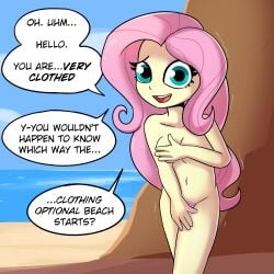 covering_self embarassed_nude_female embarrassed english_text equestria_girls fluttershy_(eg) fluttershy_(mlp) my_little_pony nude_female nudism talking_to_another text tjpones