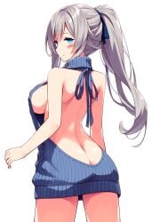 1girls ai_generated android ass blue_eyes breasts breasts exposed_back exposed_hips gray_hair hismajestyii jenn_schauber_(hismajestyii) jenn_schauber_(t-1p_body)_(hismajestyii) large_breasts light_skin mature mature_female novelai original original_character ponytail silver_hair slim slim_waist smile synthetic_body virgin_killer_outfit virgin_killer_sweater