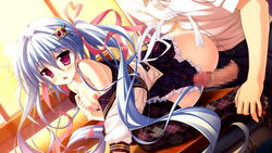 blue_hair blush breasts censored collarbone female game_cg hair_ornament long_hair luluna magical_marriage_lunatics!! moonstone nipples open_mouth ornament penis purple_eyes ribbon thighhighs tied_hair twintails underwear yamakaze_ran