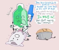 2boys 3girls annoyed annoyed_expression battle_for_bfdi battle_for_dream_island bfb blue_text bottle bottle_(bfdi) death_p.a.c.t. food green_text grey_text in_bottle jacknjellify object_show object_show_community object_shows pen_(bfdi) pie pie_(bfdi) pillow pillow_(bfdi) pussy rainey_(artist) sex text tree tree_(bfdi)