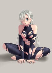 1girls areolae arm_support barefoot black_gloves black_legwear blush bodysuit breasts detached_sleeves earrings elizabeth_liones embarrassed exposed_breasts female fingerless_gloves full_body gloves hair_over_one_eye halterneck jewelry kai_(link2262) leotard long_hair medium_breasts nanatsu_no_taizai navel nipples shadow silver_hair simple_background sitting solo solo_female tail thighhighs thighs toeless_legwear torn_clothes torn_legwear torn_leotard very_long_hair white_hair