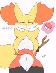 animated anthro big_breasts black_body breasts canid canine delphox female fox fur generation_6_pokemon mammal nintendo pokeball pokemon pokemon_(species) red_body red_eyes red_fur sheor solo stick text yellow_body yellow_fur