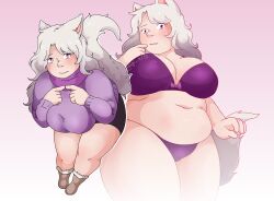 accalia_(@yagi_arts) animal_ears animal_tail chubby_female female fluffy fluffy_tail large_breasts original_character purple_eyes scarf sweater tail thick_thighs tummy underwear white_hair wolf_ears wolf_girl yagi_arts