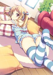 1girls ass bows breast_press breasts cameltoe cute dutch_angle female looking_back pajamas panties pillow sideboob solo striped_socks