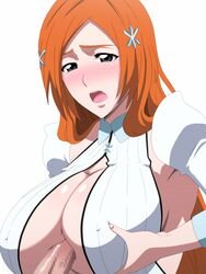 bleach blush breasts censored cleavage female inoue_orihime kh-fullhouse large_breasts long_hair open_mouth orange_hair paizuri penis tagme