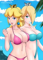 2girls aqua_eyes arm arms art bare_shoulders beach bikini blonde_hair blue_eyes blue_sky blush breasts christ_the_redeemer cleavage clenched_teeth cloud collarbone crown earrings female food hair_over_one_eye human jewelry large_breasts long_hair looking_at_viewer mario_(series) midriff mouth_hold multiple_girls navel neck nintendo one-piece_swimsuit open_mouth outdoors popsicle princess_peach princess_rosalina rio_de_janeiro sketchbits sky smile statue strapless strapless_bikini strapless_swimsuit swimsuit