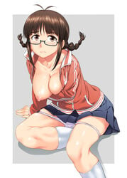 akizuki_ritsuko antenna_hair areolae blush braid breast_slip breasts brown_eyes brown_hair female glasses idolmaster inu_(aerodog) jacket large_breasts nipples one_breast_out open_clothes open_jacket panties panty_pull semi-rimless_glasses short_hair sitting skirt solo track_jacket twin_braids underwear