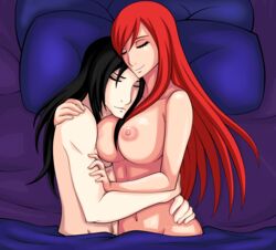 1boy bed black_hair breasts closed_eyes erza_scarlet fairy_tail female in_bed kallistanebula large_breasts long_hair lying male nipples nude on_side original_character pillow red_hair sleeping smile straight