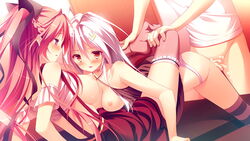 1boy 2girls anus bare_shoulders blush breasts censored cum cum_in_pussy game_cg hair_ornament hair_ribbon kanojo_ga_ore_ni_kureta_mono._ore_ga_kanojo_ni_ageru_mono. kojima_neneko long_hair multiple_girls nabekane_tsubasa nipples onomatope open_mouth ornament purple_eyes purple_hair pussy red_eyes red_hair ribbon sex shiratama small_breasts striped striped_legwear tagme vaginal_penetration