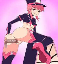 1girls anus ass black_legwear boots bottomless breasts clitoris crop_top dat_ass disembodied_penis female from_behind hand_on_ass hat high_heel_boots high_heels jakuzure_nonon kill_la_kill looking_back penis pink_eyes pink_hair sandyrex shako_cap short_hair smile solo_focus symphony_regalia testicles thigh_boots thighhighs underboob vaginal_penetration