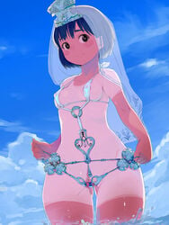 1girls 2=8 areola bikini black_eyes blue_hair blush cloud dilation_belt dilation_insertion erect_nipples female headdress heart heart-shaped_pupils highres looking_at_viewer micro_bikini navel nipples one-piece_tan original partially_visible_nipples pussy pussy_juice pussy_ring pussy_spreader see-through short_hair silver sky small_breasts smile solo spread_pussy sweat swimsuit symbol-shaped_pupils tan tanline uncensored urethra veil wading water young