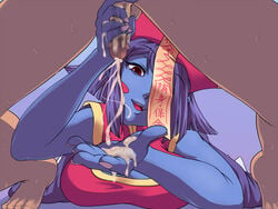 1boy 1girls beecon123 big_breasts blue_skin censored clothing cum cumming darkstalkers femdom handjob hsien_ko jiangshi large_breasts lei-lei lei_lei milking_handjob monster_girl tagme