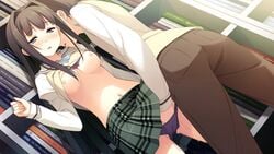 1boy 1girls ayase_sayuki black_hair blush book books bookshelf breasts fingering game_cg kantoku library nipples panties seifuku underwear wet your_diary