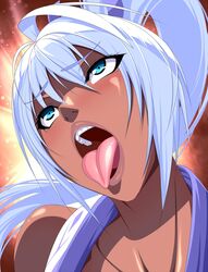 blue_eyes blush cosplay dark-skinned_female dark_skin eyelashes female highres lips mai_shiranui mai_shiranui_(cosplay) majikina_mina naughty_face noriheita open_mouth samurai_shodown white_hair