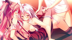 1boy 2girls anus bare_shoulders blush breasts censored cum cum_in_pussy game_cg hair_ornament hair_ribbon kanojo_ga_ore_ni_kureta_mono._ore_ga_kanojo_ni_ageru_mono. kojima_neneko long_hair multiple_girls nabekane_tsubasa nipples onomatope open_mouth ornament purple_eyes purple_hair pussy red_eyes red_hair ribbon sex shiratama small_breasts striped striped_legwear tagme vaginal_penetration