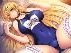 angelica_rothschild bare_shoulders bed blonde_hair blush breasts collar embarrassed erect_nipples female game_cg green_eyes highres himekishi_angelica ishigaki_takashi large_breasts legs long_hair looking_away lying pillow pillow_grab slave solo spread_legs sweat swimsuit thighs white_legwear