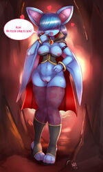 anthro bangs_(character) big_ears blue_hair blush breasts clothes costume female furry halloween heart nerdbayne nintendo original_character pokemon pussy solo vulva zubat