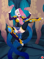 2boys abs amethyst_ashe anal armor ashe_(league_of_legends) between_breasts black_legwear blue_eyes boots breasts circlet clothed_female_nude_male double_handjob female hair hair_over_one_eye handjob high_heel_boots high_heels huge_balls huge_cock huge_insertion jlullaby league_of_legends legacy_series male medium_breasts multiple_boys open_mouth paizuri penis penis_grab penis_on_face pussy saliva skirt stomach_bulge straight suspended tentacle tentacle_between_breasts tentacle_penis testicles thighhighs tight_fit veiny veiny_penis white_hair