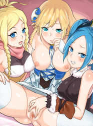 3girls aqua_eyes blonde_hair blue_eyes blue_hair blue_valkyrie_(p&d) bottomless breasts censored dutch_angle erect_nipples eyelashes female fingerless_gloves gloves hair_ornament henry_bird_9 idunn_(puzzle_and_dragons) idunn_and_idunna_(puzzle_and_dragons) idunna_(puzzle_and_dragons) large_breasts looking_at_viewer mosaic_censoring multiple_girls nipples no_panties open_mouth parted_lips pussy puzzle_&_dragons smile spread_legs spread_pussy tears valkyrie_(p&d) white_legwear yuri