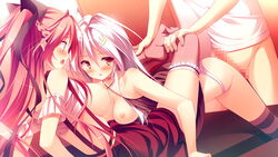 1boy 2girls anus bare_shoulders blush breasts censored game_cg hair_ornament hair_ribbon kanojo_ga_ore_ni_kureta_mono._ore_ga_kanojo_ni_ageru_mono. kojima_neneko long_hair multiple_girls nabekane_tsubasa nipples onomatope open_mouth ornament purple_eyes purple_hair pussy red_eyes red_hair ribbon shiratama small_breasts striped striped_legwear tagme