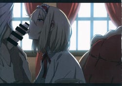 alice_margatroid bar_censor blonde_hair blue_eyes blush censored chair curtains dark female hairband highres licking lolita_hairband penis saitom shawl short_hair sitting tongue touhou window