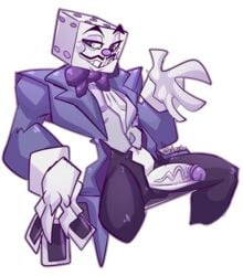 1boy alpha_channel card classy clothed clothing cuphead_(game) dice elatedsceptre erection gloves humanoid humanoid_penis king king_dice looking_at_viewer male male_only navel nerfocalypse object_head pants penis presenting presenting_penis rosy_cheeks royalty shirt simple_background sitting smile solo spread_legs spreading suit teeth text transparent_background veins veiny_penis video_games watermark