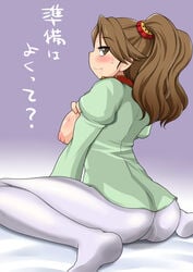 ass blush breasts brown_eyes brown_hair come_hither female from_behind gundam gundam_build_fighters gundam_build_fighters_try large_breasts long_hair looking_at_viewer looking_back masakichi_(heppouku) naughty_face nipples pantyhose puffy_nipples puffy_sleeves sazaki_kaoruko seductive_smile sitting smile solo sweat tears tied_hair twintails wariza