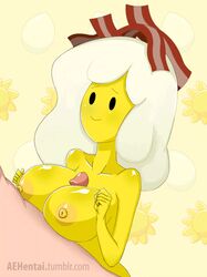 adventure_time aehentai animated bacon breakfast_princess breasts cartoon_network female finn_the_human food_creature male nipples paizuri penis sandyrex straight white_hair yellow_skin