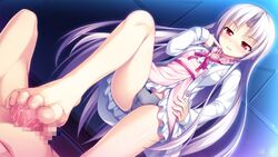 1boy akabei_soft3 aotsuki_shinobu barefoot censored dekinai_watashi_ga,_kurikaesu feet female footjob furukawa_ren game_cg long_hair panties red_eyes silver_hair tagme toes